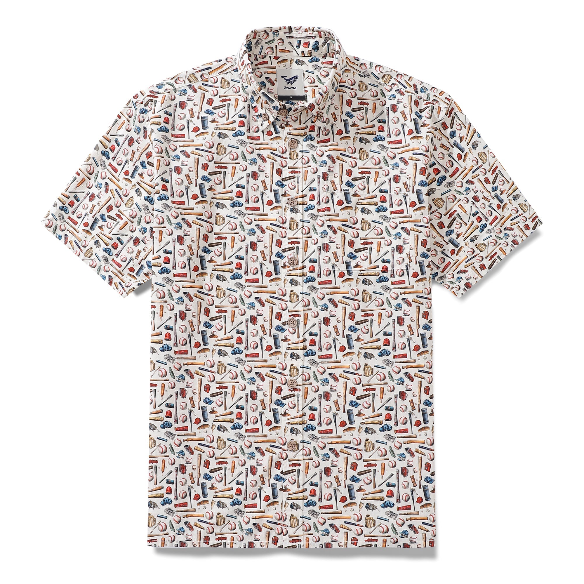 Men's white Hawaiian shirt featuring a baseball-themed Field of Dreams print with bats and caps.