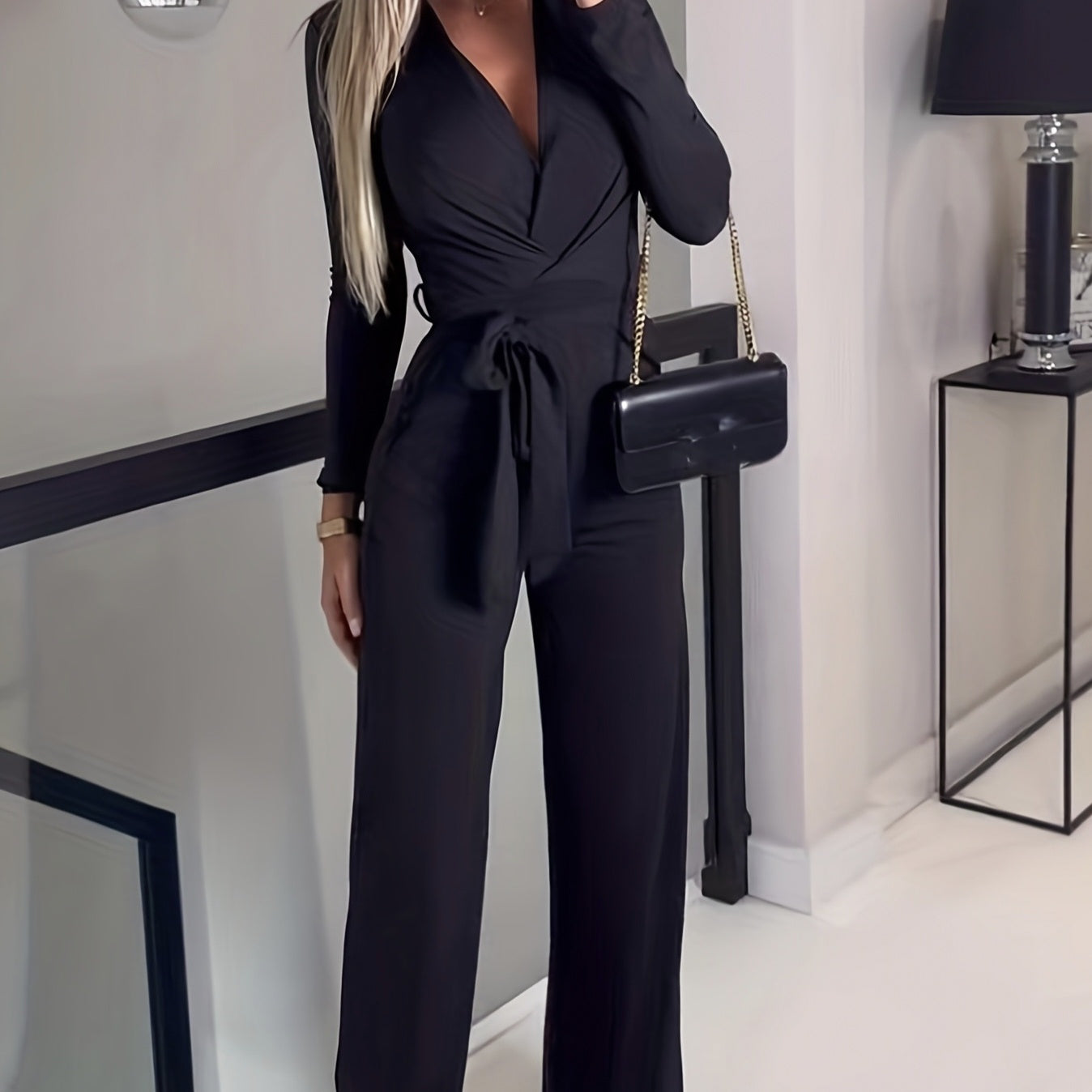 Sophisticated Black V-Neck Long Sleeved Jumpsuit