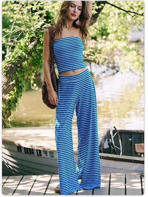 Women's Striped Modal Tube Top and Wide Leg Pants Set - Image 6