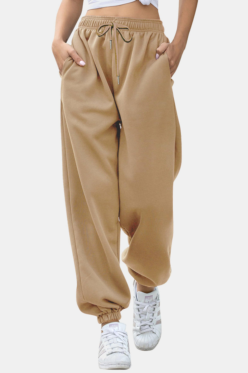 Women's Black Elastic Waist Jogger Pants with Side Pockets - Image 19