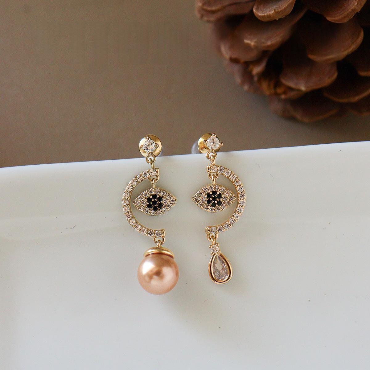 Asymmetric Micro-Set Zircon Evil Eye Earrings