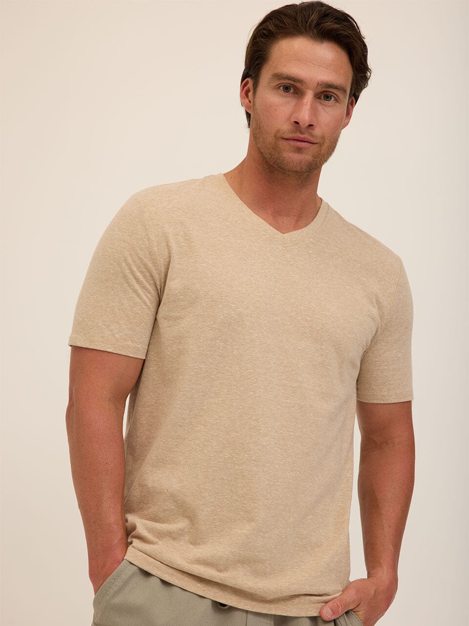 Men's Core Triblend Jersey V-Neck Tee in Beige and Tan