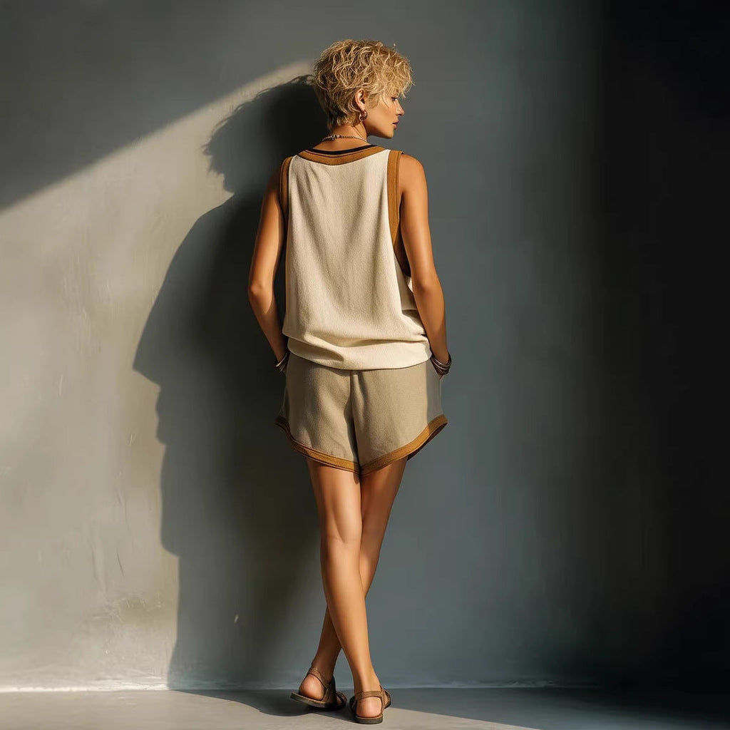 Women's V-Neck Sleeveless Color-Block Top and Shorts Set