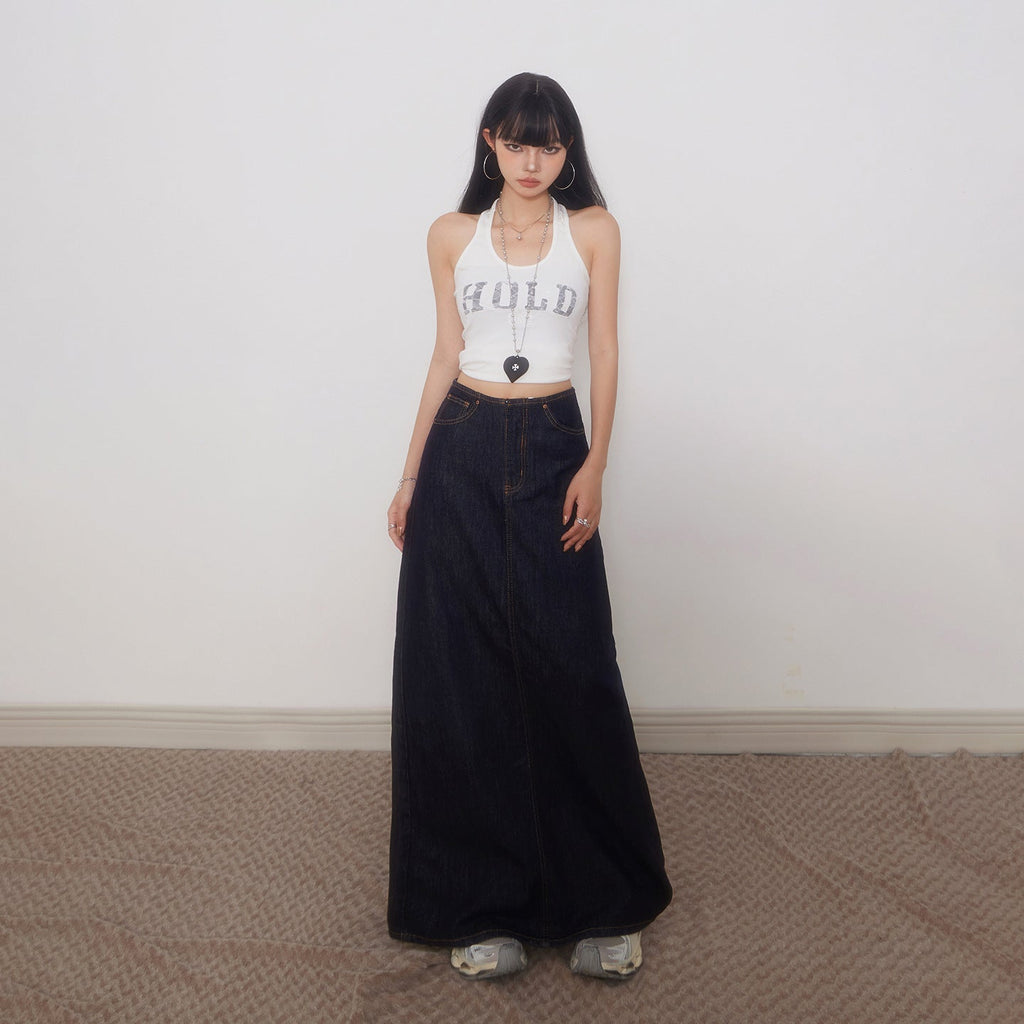 Women's High-Waisted Denim Maxi Skirt Dark Wash Slim Fit Long - Image 2
