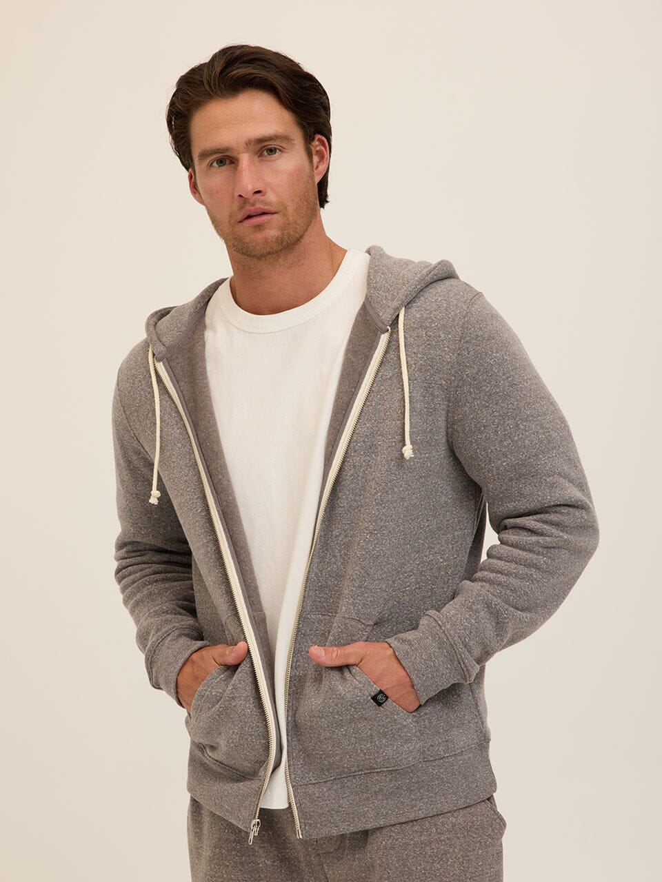 Men's Core Triblend Fleece Zip Hoodie in solid grey knit material