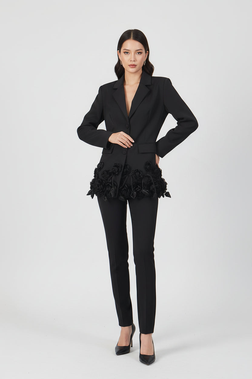 Women's 3D Floral Hem Blazer Button Down Tailored Jacket - Image 2