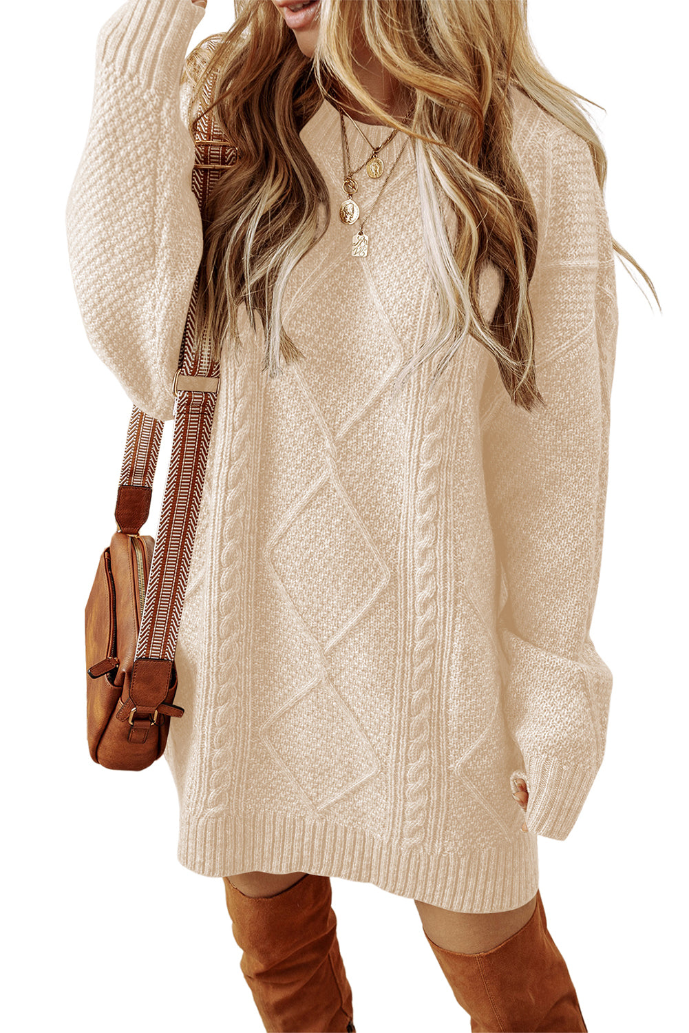 Parchment Cable Knit Drop Shoulder Sweater Dress | Oversized