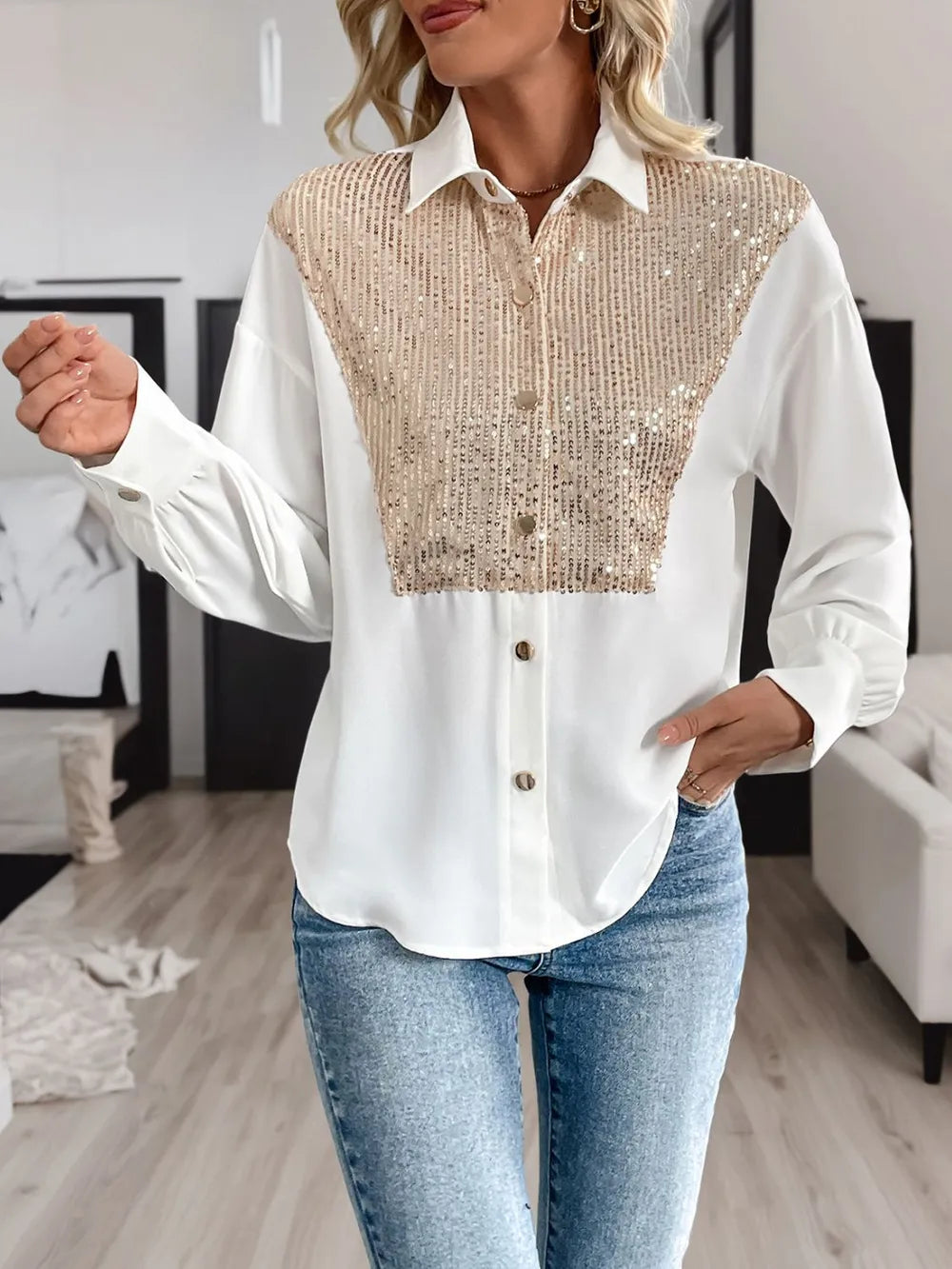 White Long Sleeve Button Down Shirt with Gold Sequin Contrast
