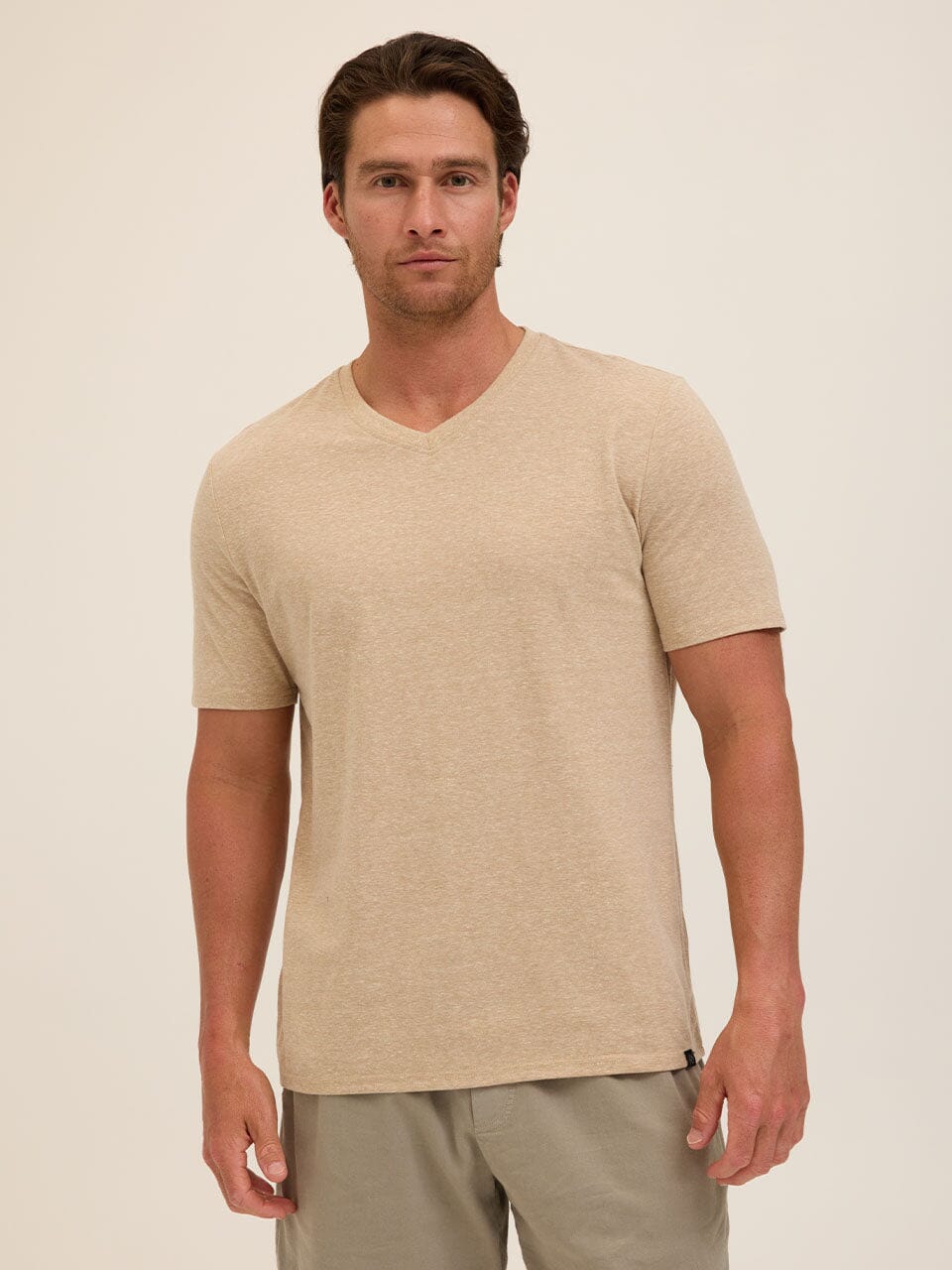 Men's minimalist V-neck tee in a solid beige triblend fabric, worn casually.