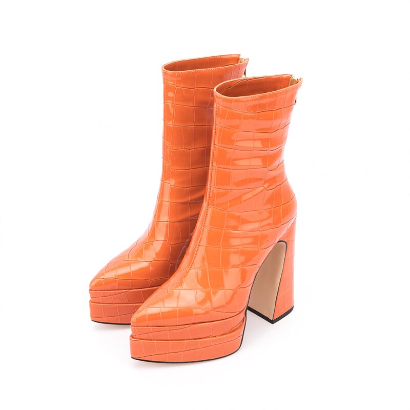 Women's Chunky Platform Ankle Boots - Stone Pattern High Heel