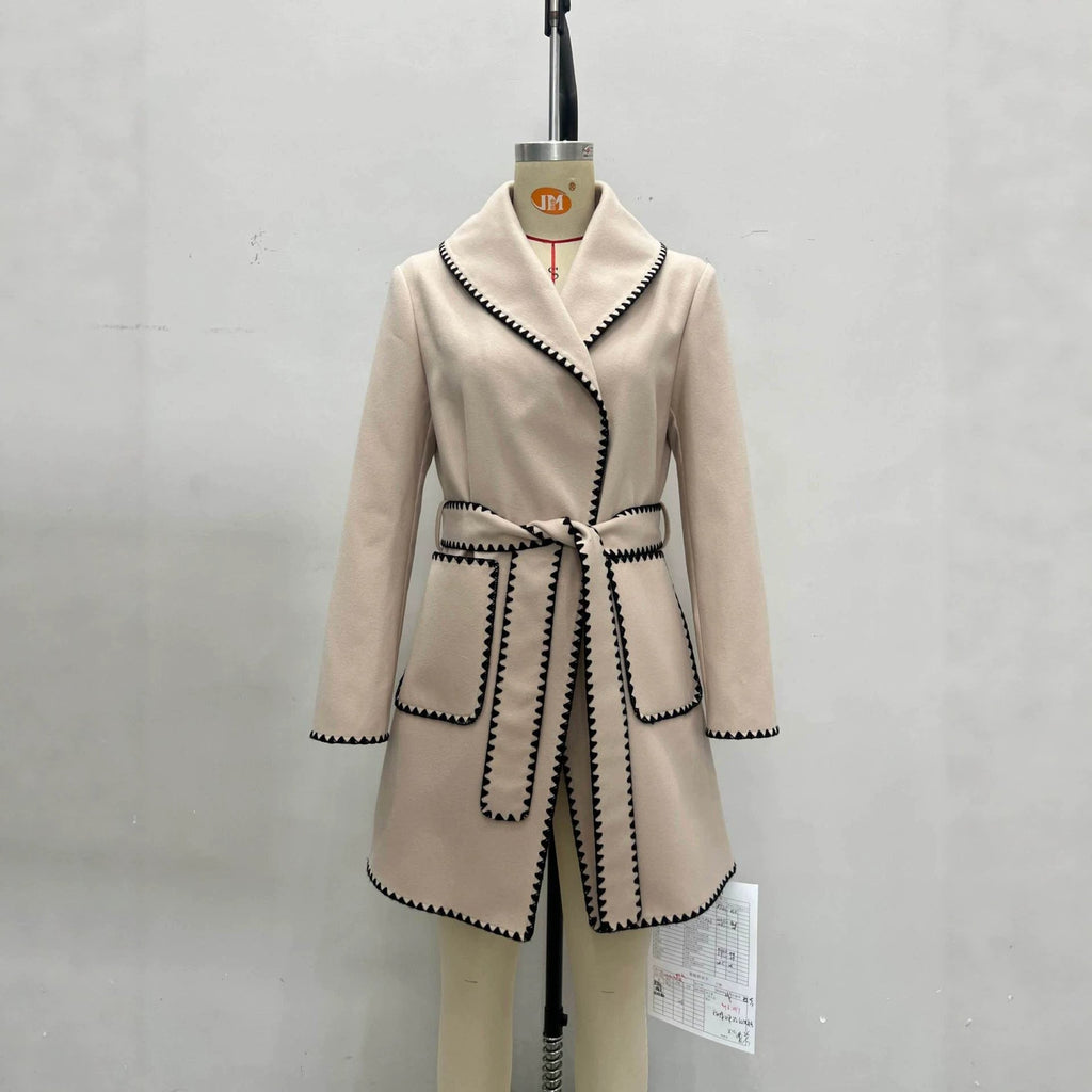 French Elegant Wool Coat | Notched Lapel Zigzag Trim & Belt | Apricot