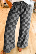 Checkered Wide Leg Jeans | Black & Grey High-Rise Denim