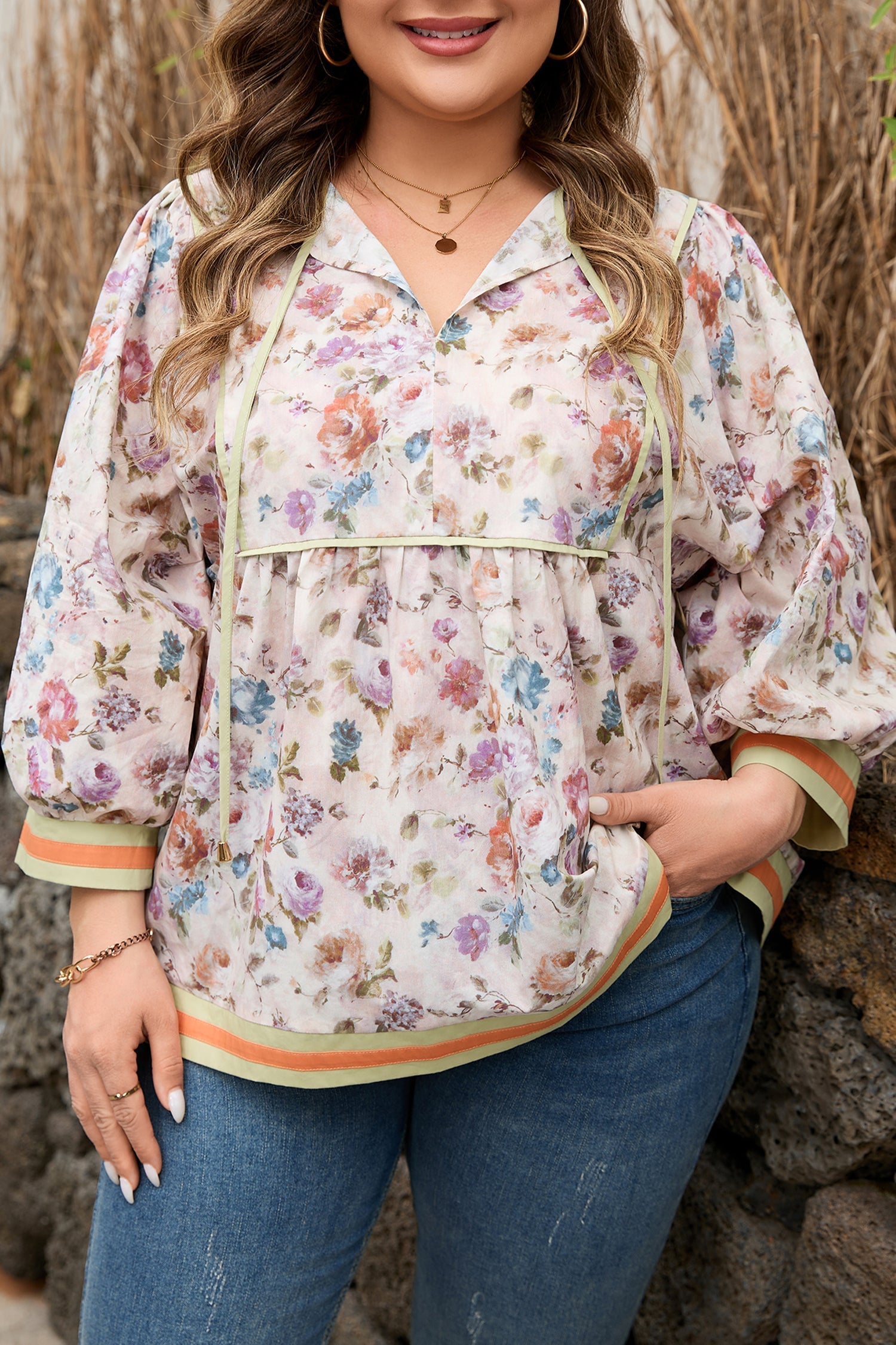 Andi Striped Detail Babydoll PLUS Blouse