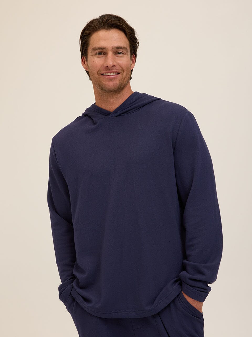Men's Core Feather Fleece Hoodie in navy blue featuring a minimalist relaxed fit and hood.