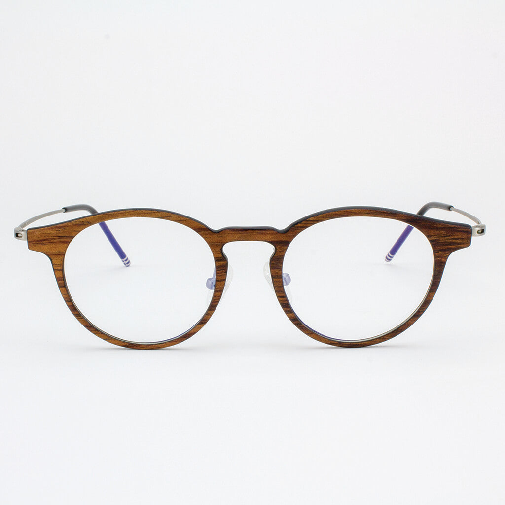 Marion featherlight titanium and wood eyeglasses in silver and brown