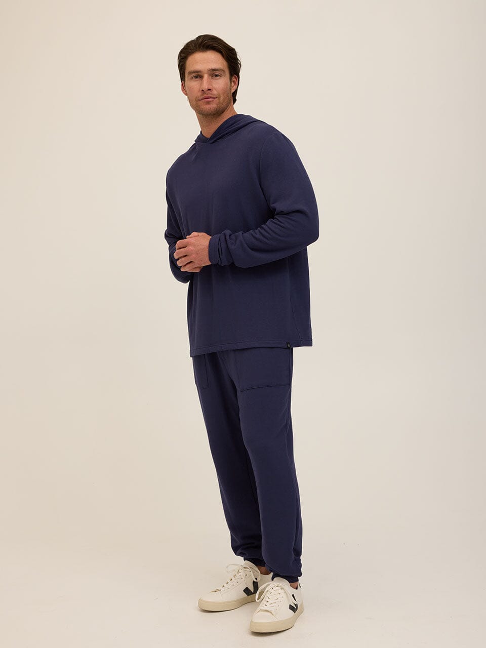 Men's Core Feather Fleece Hoodie in Navy Blue - Minimalist Fit