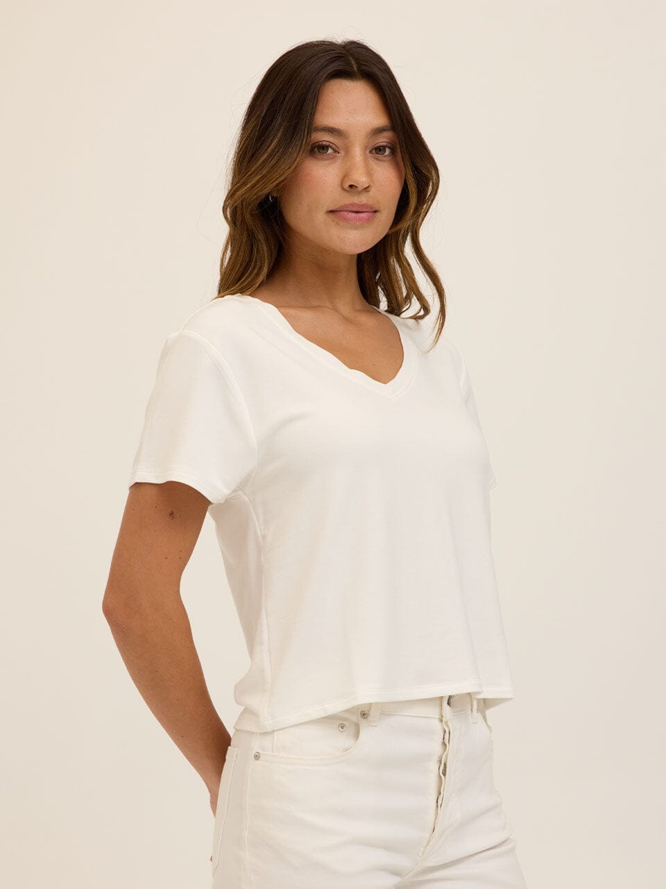 Core Modal Terry V-Neck Tee in Off-White and Cream