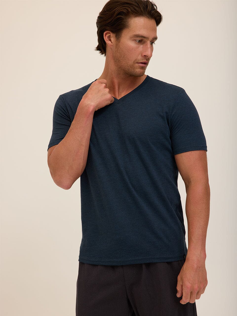 Men's Navy Blue Triblend Jersey V-Neck Tee - Soft Casual Knit Shirt