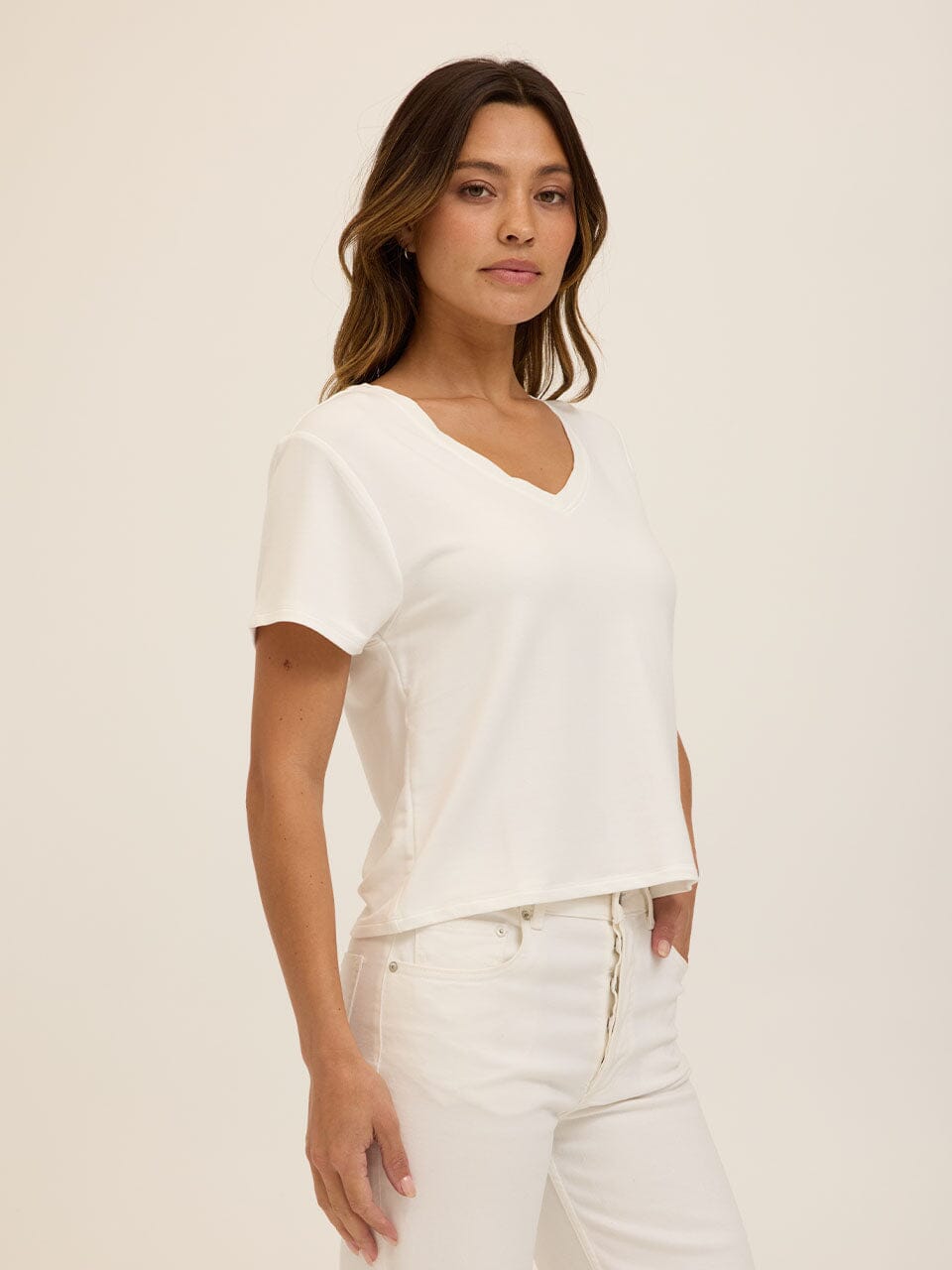 Core Modal Terry V-Neck Tee in Off-White and Cream