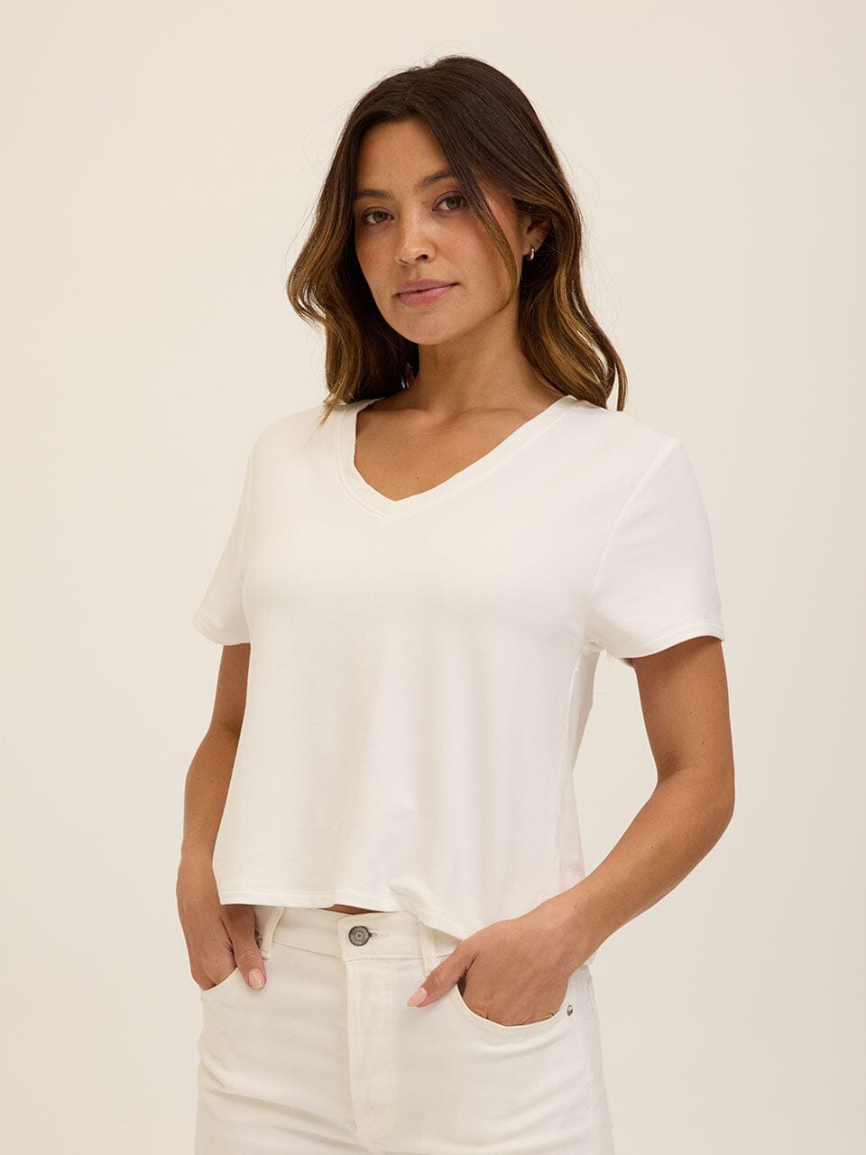 Core Modal Terry V-Neck Tee in Off-White and Cream