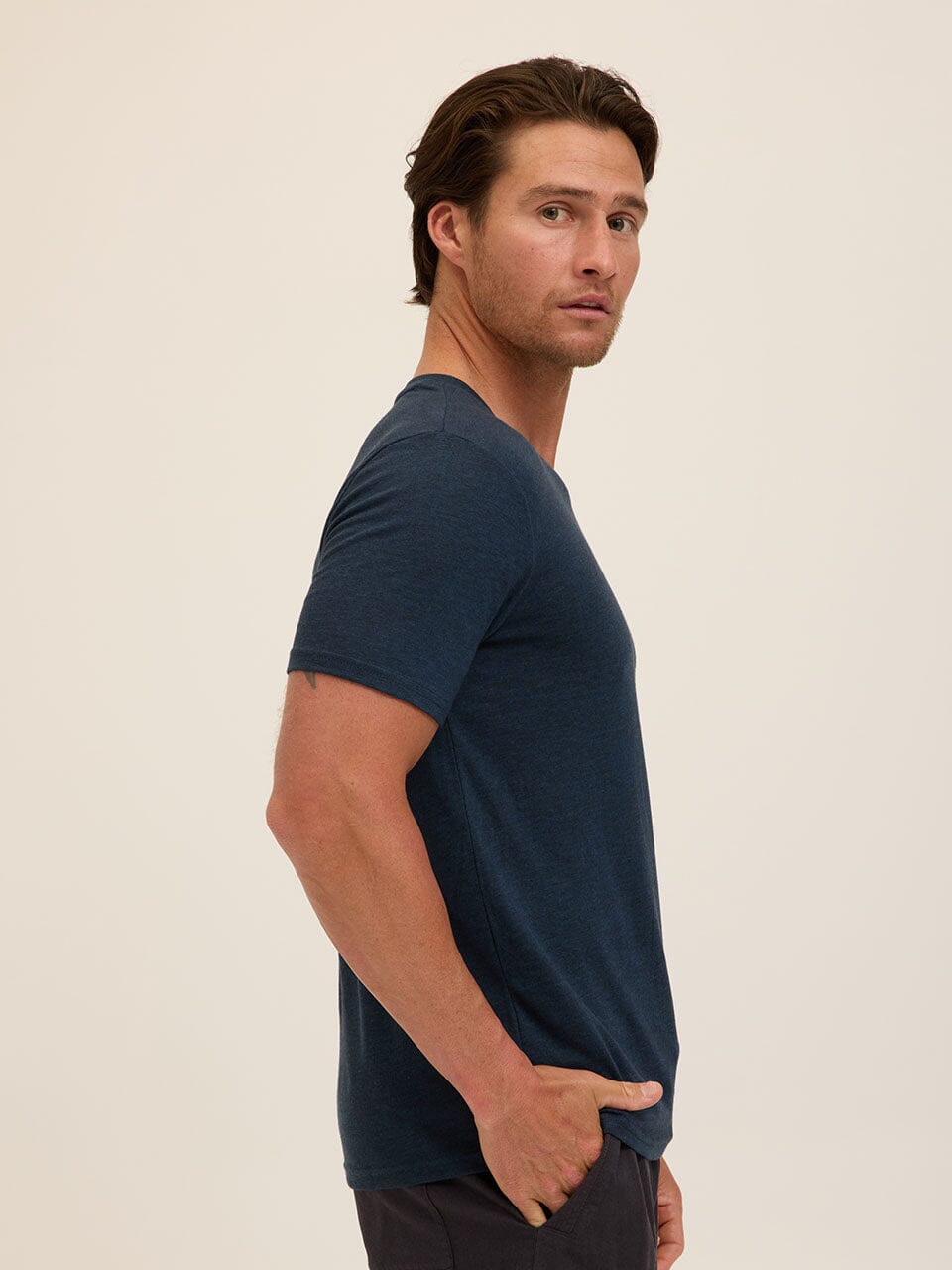 Men's Navy Blue Triblend Jersey V-Neck Tee - Soft Casual Knit Shirt
