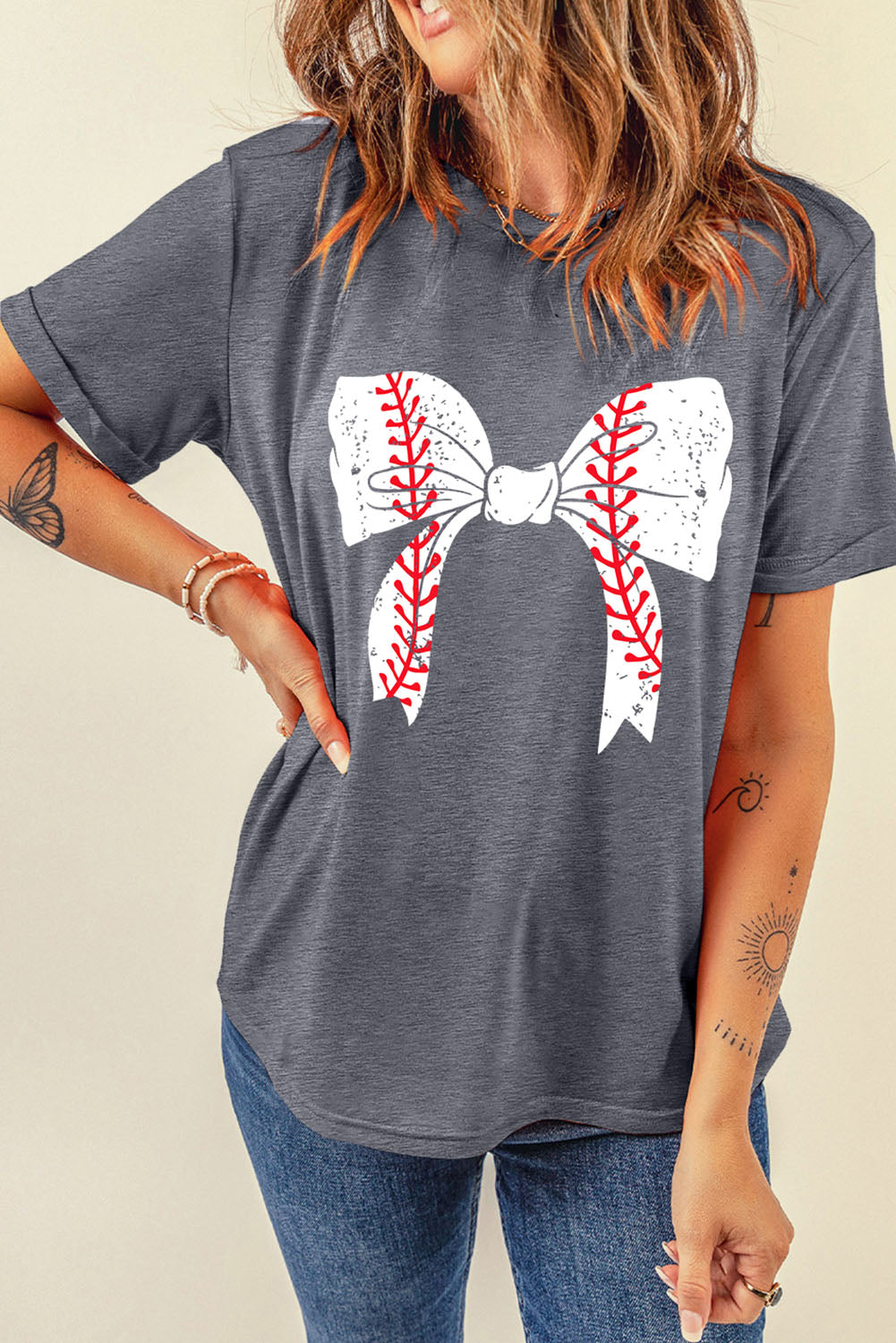 Gray Casual Baseball Graphic Tee with Bowknot & Roll Up Sleeves