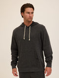 Men's charcoal heather triblend fleece pullover hoodie with kangaroo pocket and adjustable drawstring hood