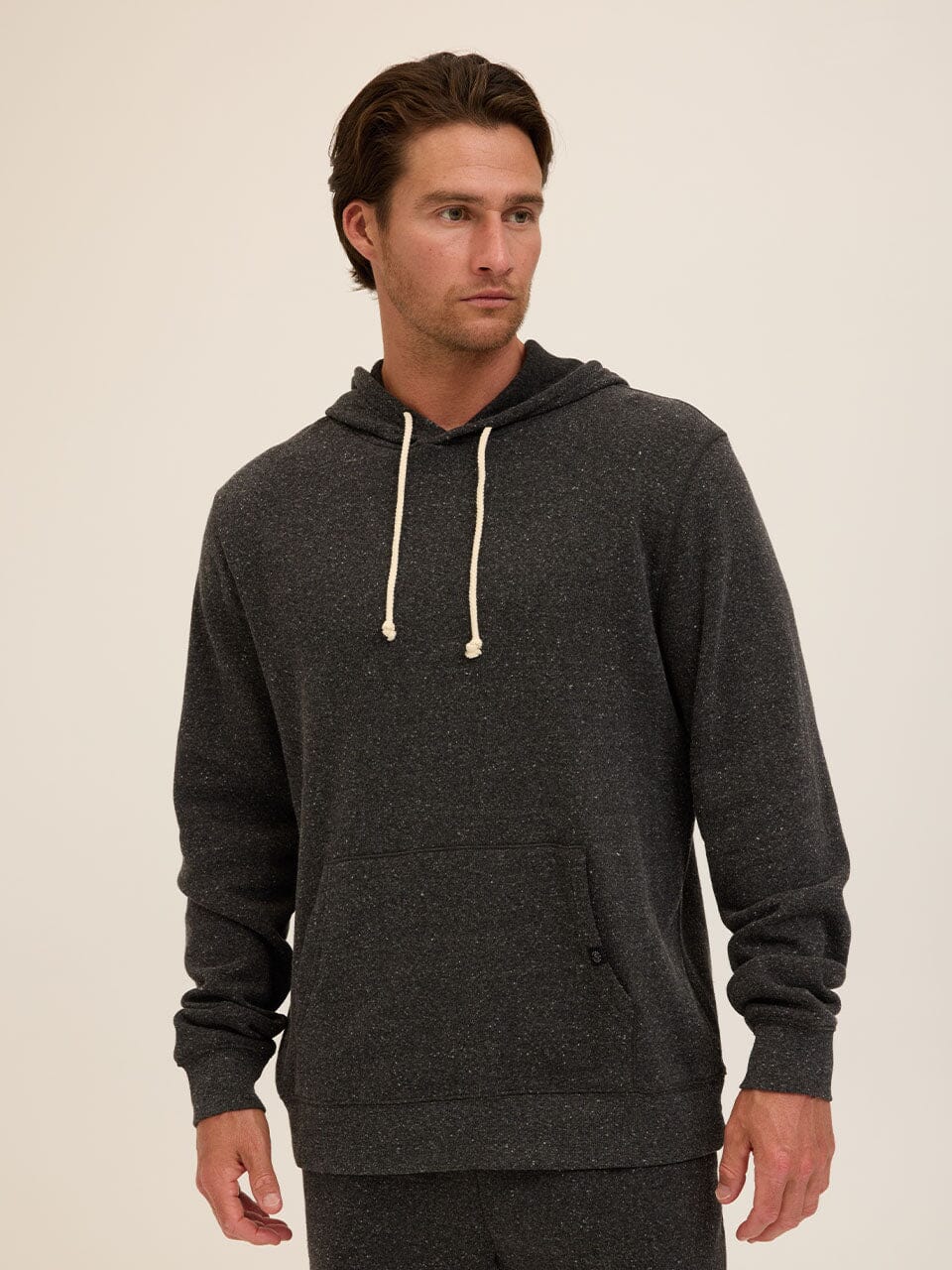Men's charcoal heather triblend fleece pullover hoodie with kangaroo pocket and adjustable drawstring hood