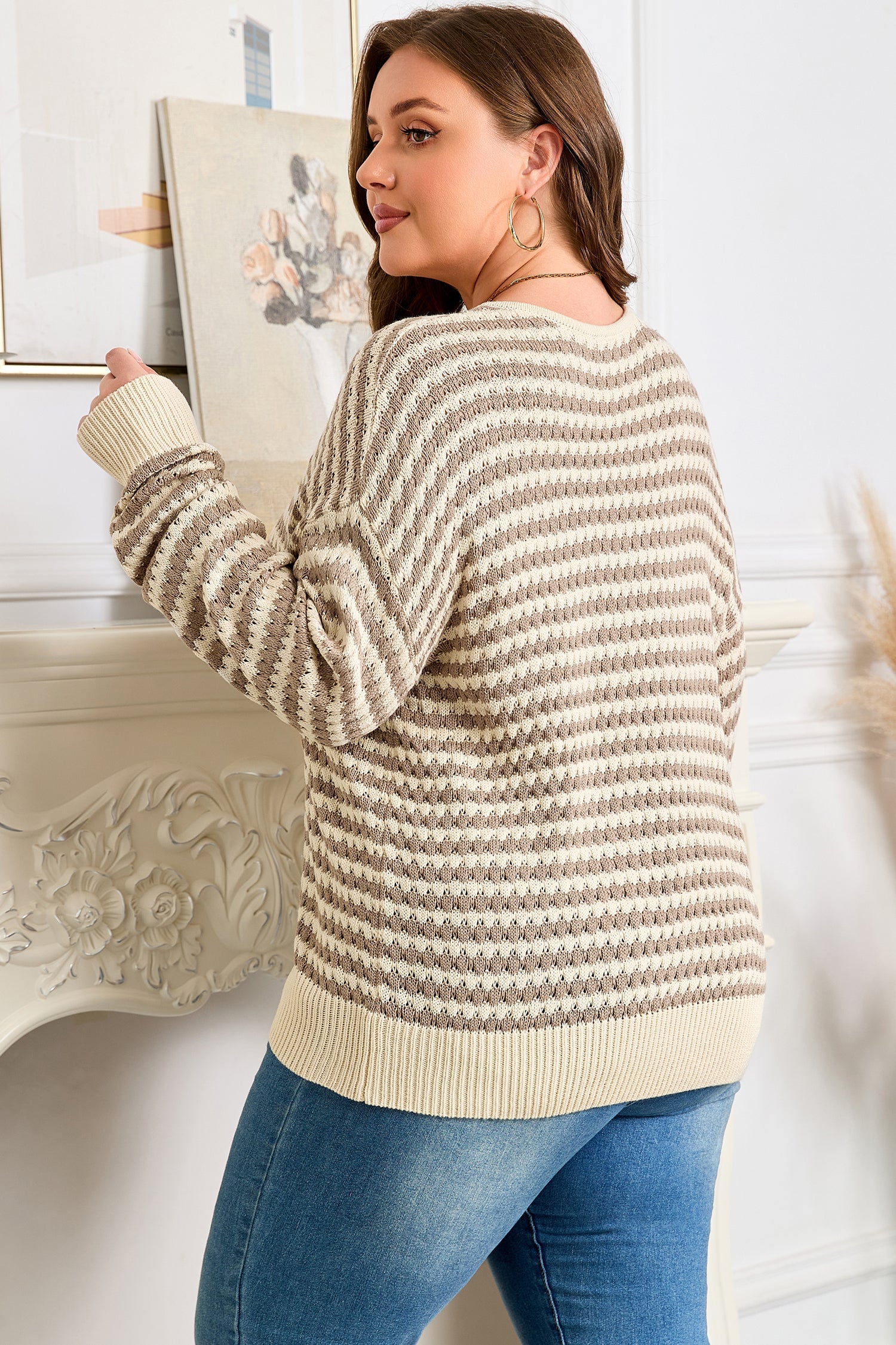 Women's Striped Drop Shoulder V-Neck Sweater in Tan and Cream