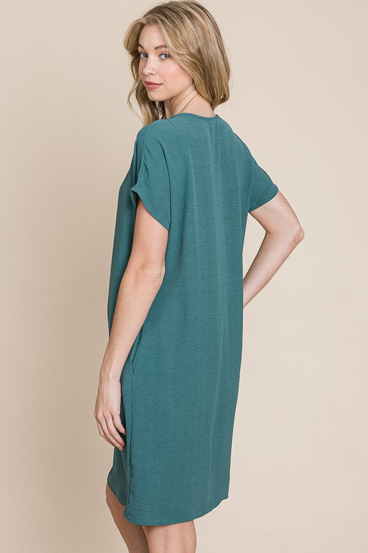 V-Neck Short Sleeve Casual Midi Dress with Pockets