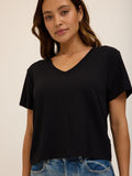 Close up of a soft Modal Terry V-Neck Tee in a flattering, effortless silhouette.