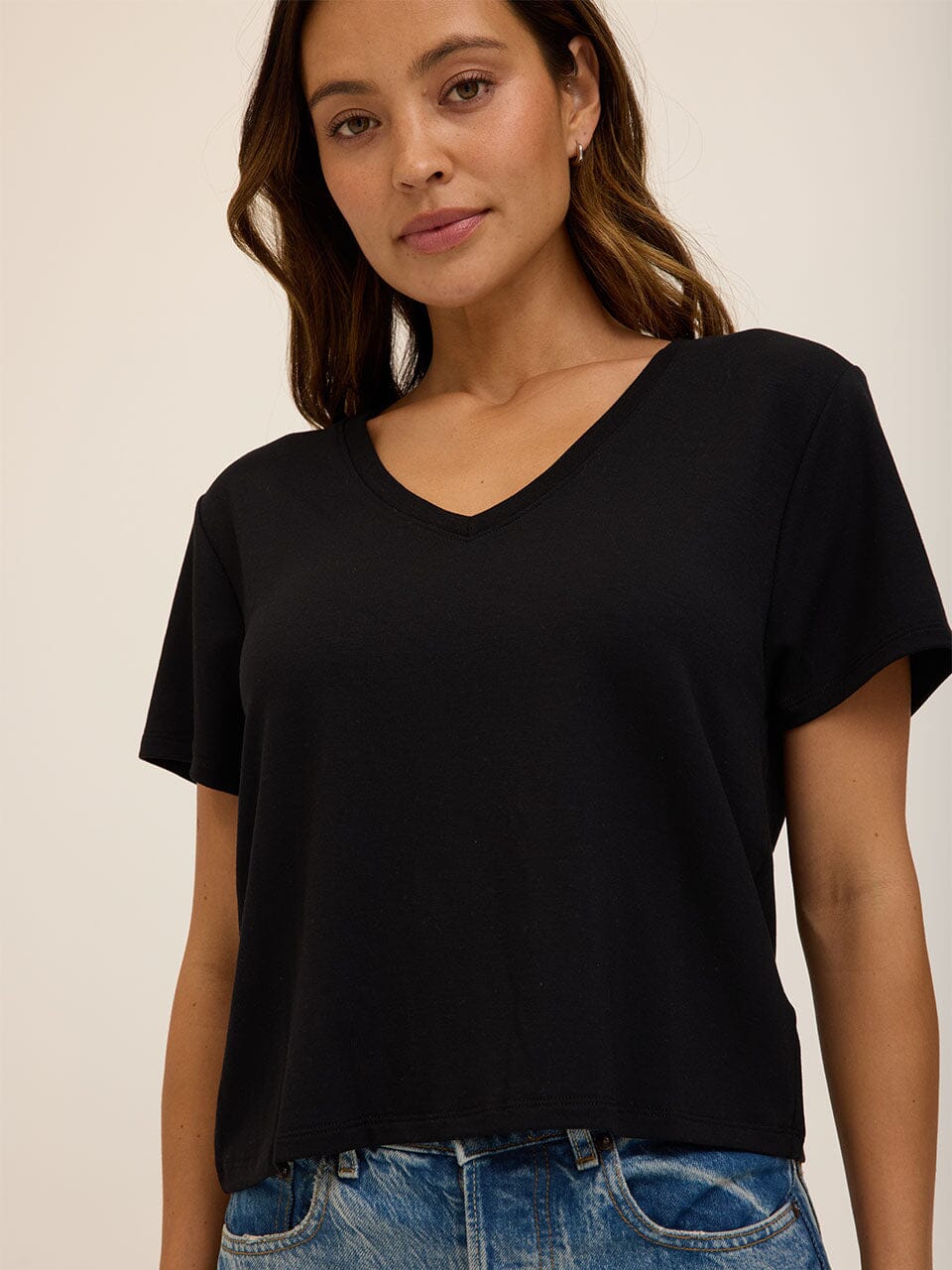 Close up of a soft Modal Terry V-Neck Tee in a flattering, effortless silhouette.