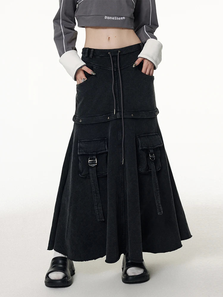 Y2K Black Distressed Denim Midi Skirt with Cargo Pockets - Image 5