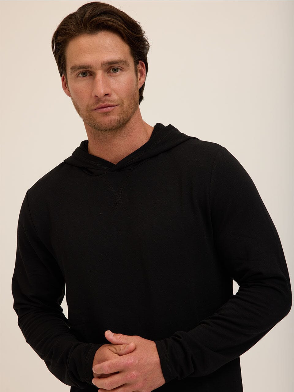 Men's Core Feather Fleece Hoodie in a relaxed fit, showing ultra-soft fabric texture