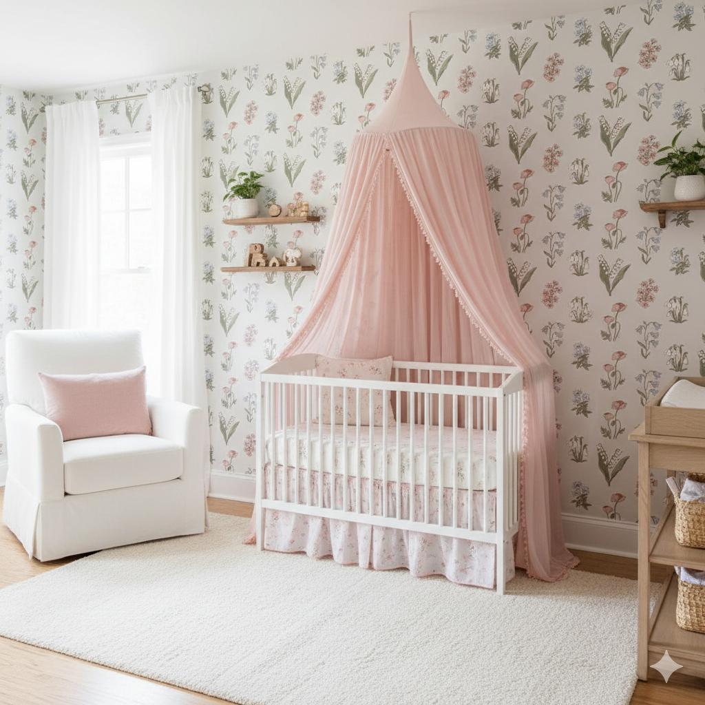 Holly floral wallpaper in pink, blue, and green for a cottagecore nursery room design