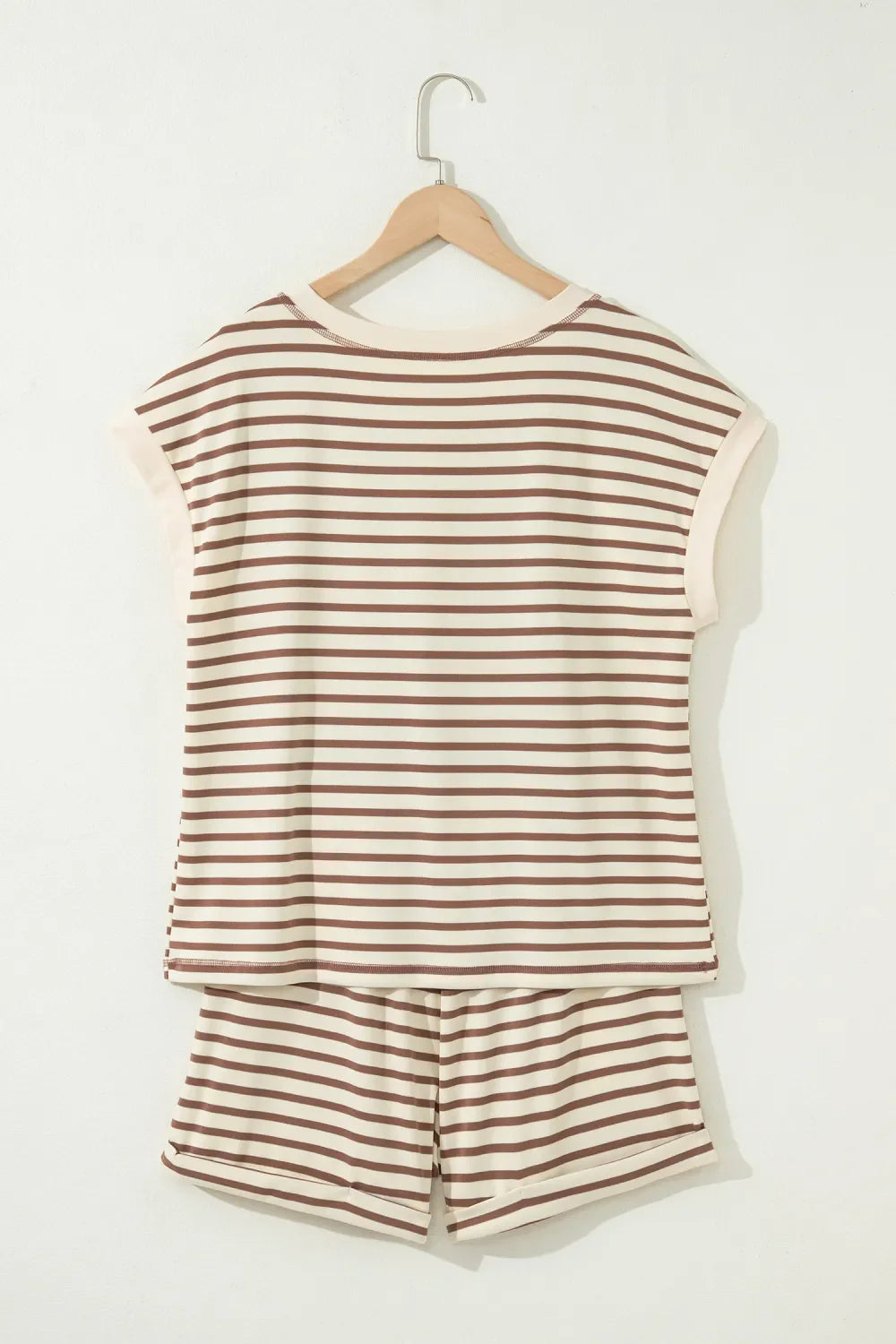 Striped Knit Top & Elastic Waist Shorts Set in Cream and Brown