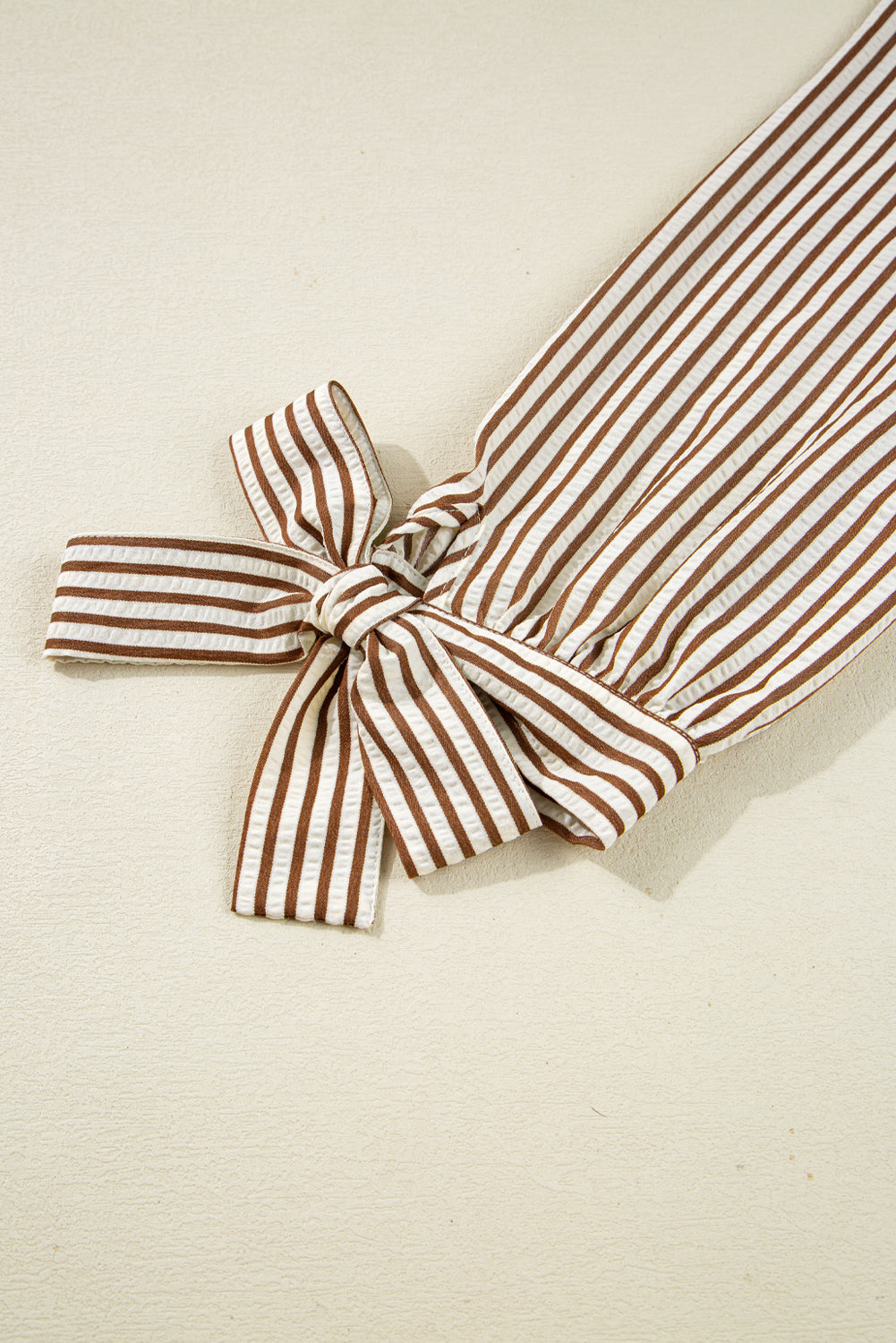 Blair Tied Cuffs Seersucker Blouse in Brown and White Stripe