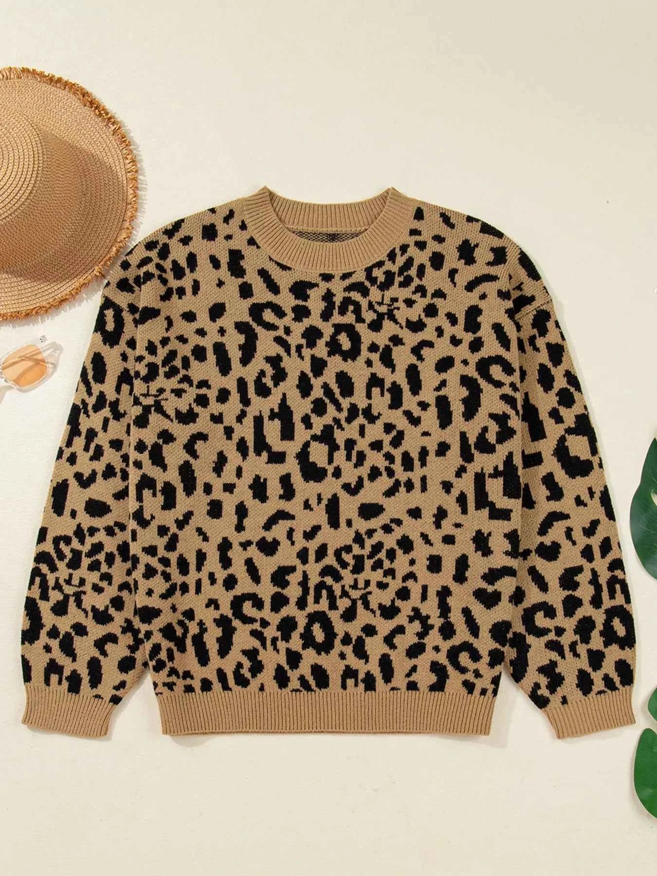 Ribbed Trim Round Neck Leopard Drop Shoulder Sweater