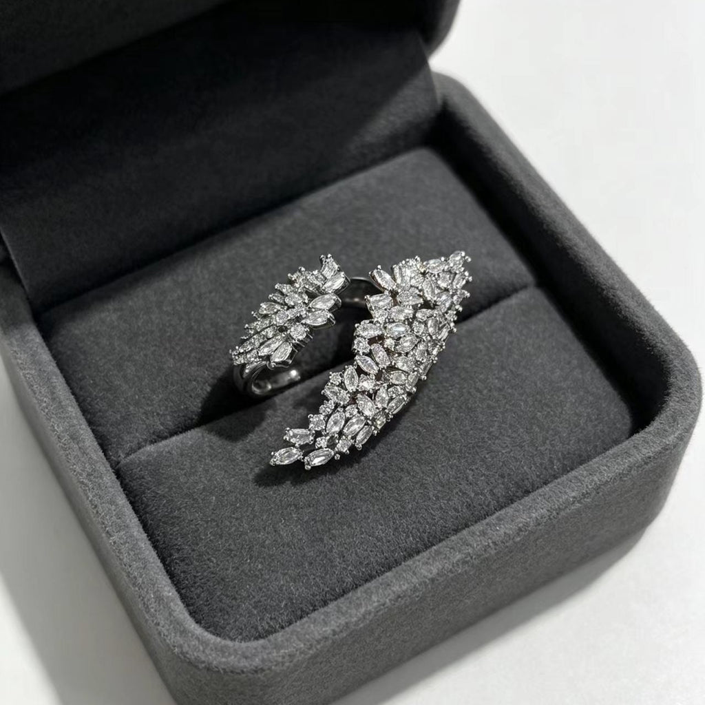 Zircon Inlaid Feather Open Ring