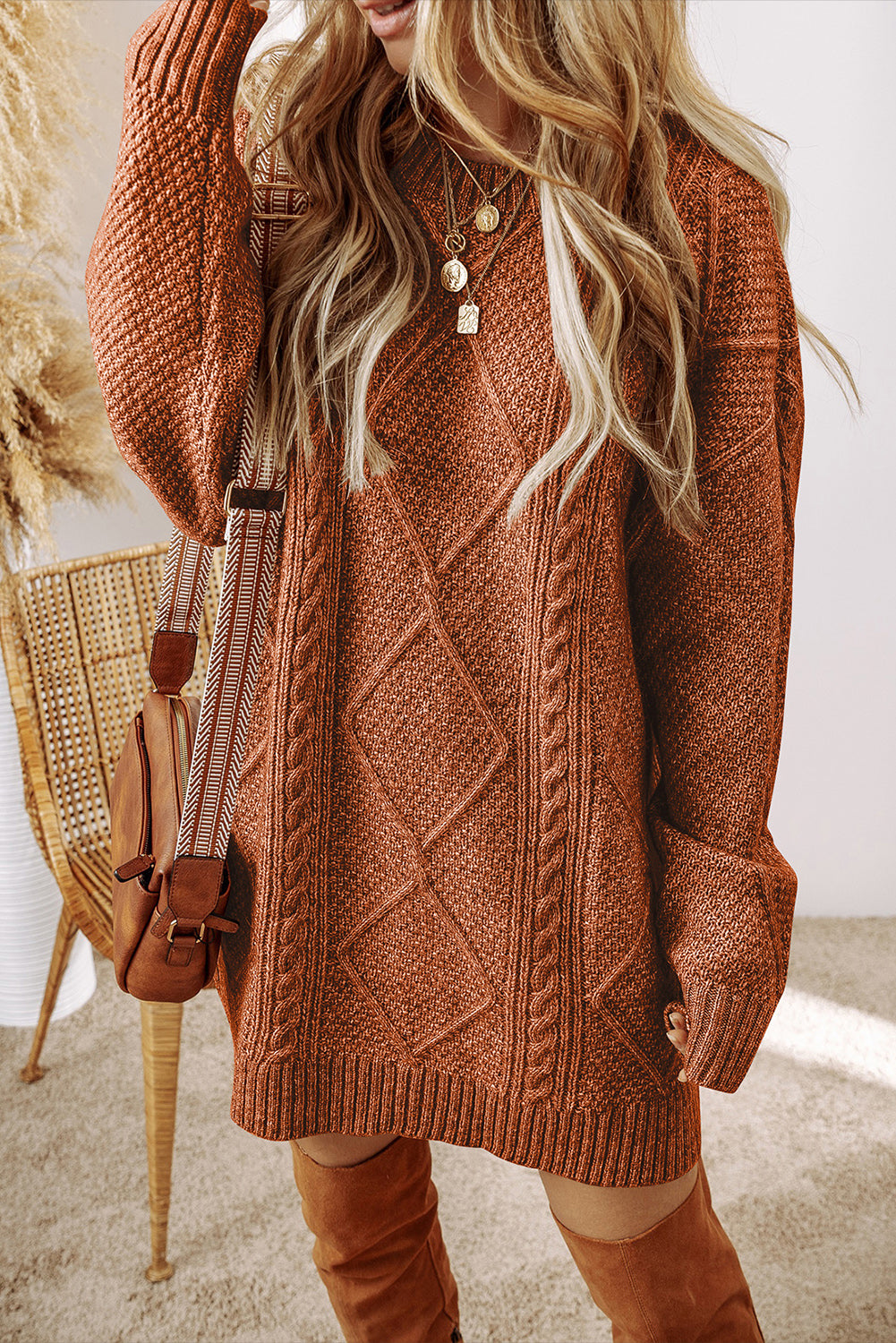 Parchment Cable Knit Drop Shoulder Sweater Dress | Oversized