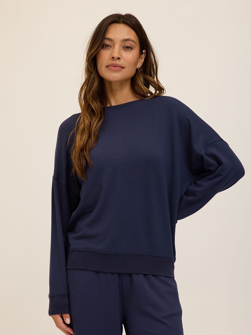 Women's relaxed fit navy blue feather fleece sweatshirt