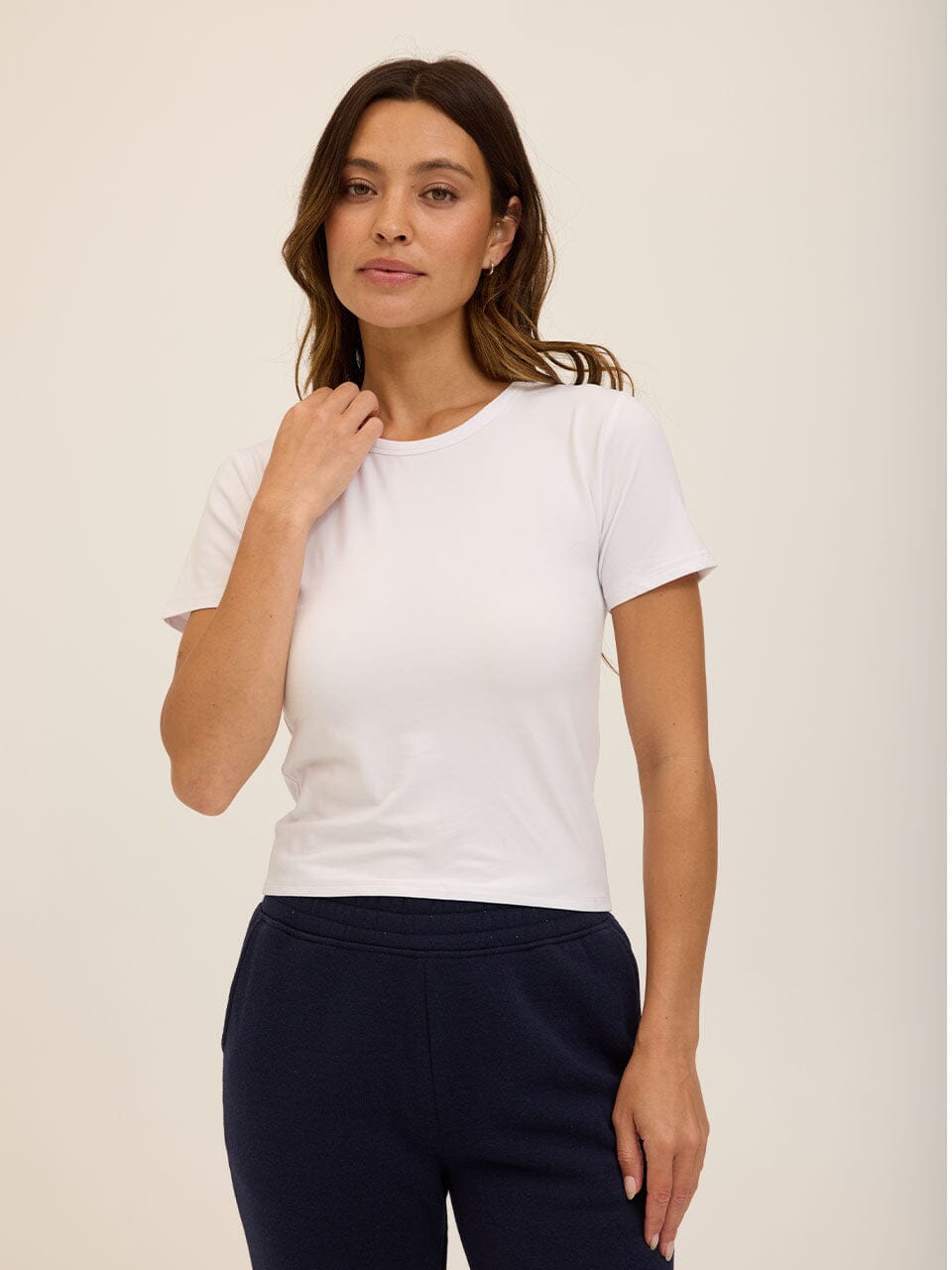 Core Luxe Jersey cropped crew neck tee in a smooth, fitted style.