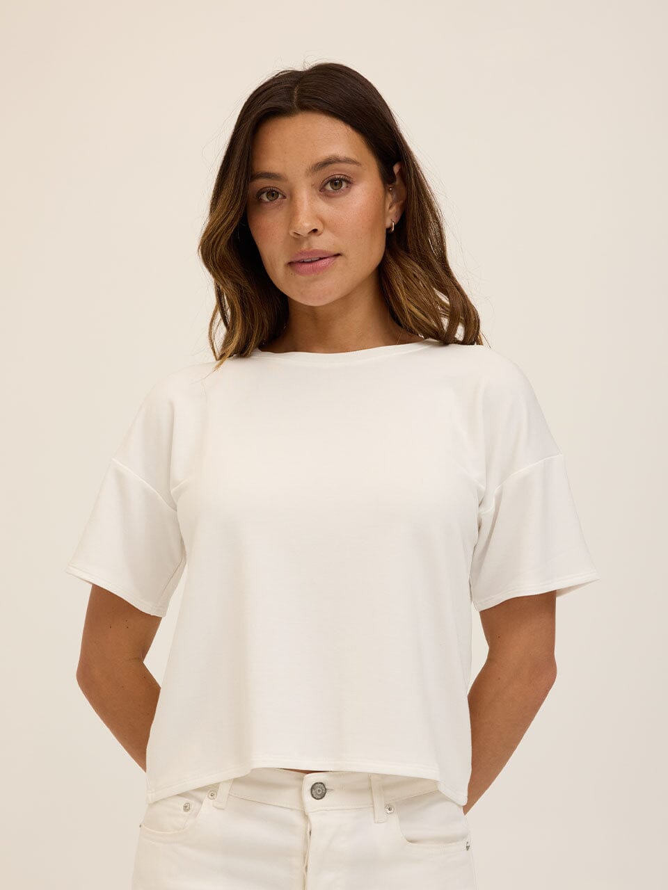 White Core Modal Terry crew neck tee on a minimalist background