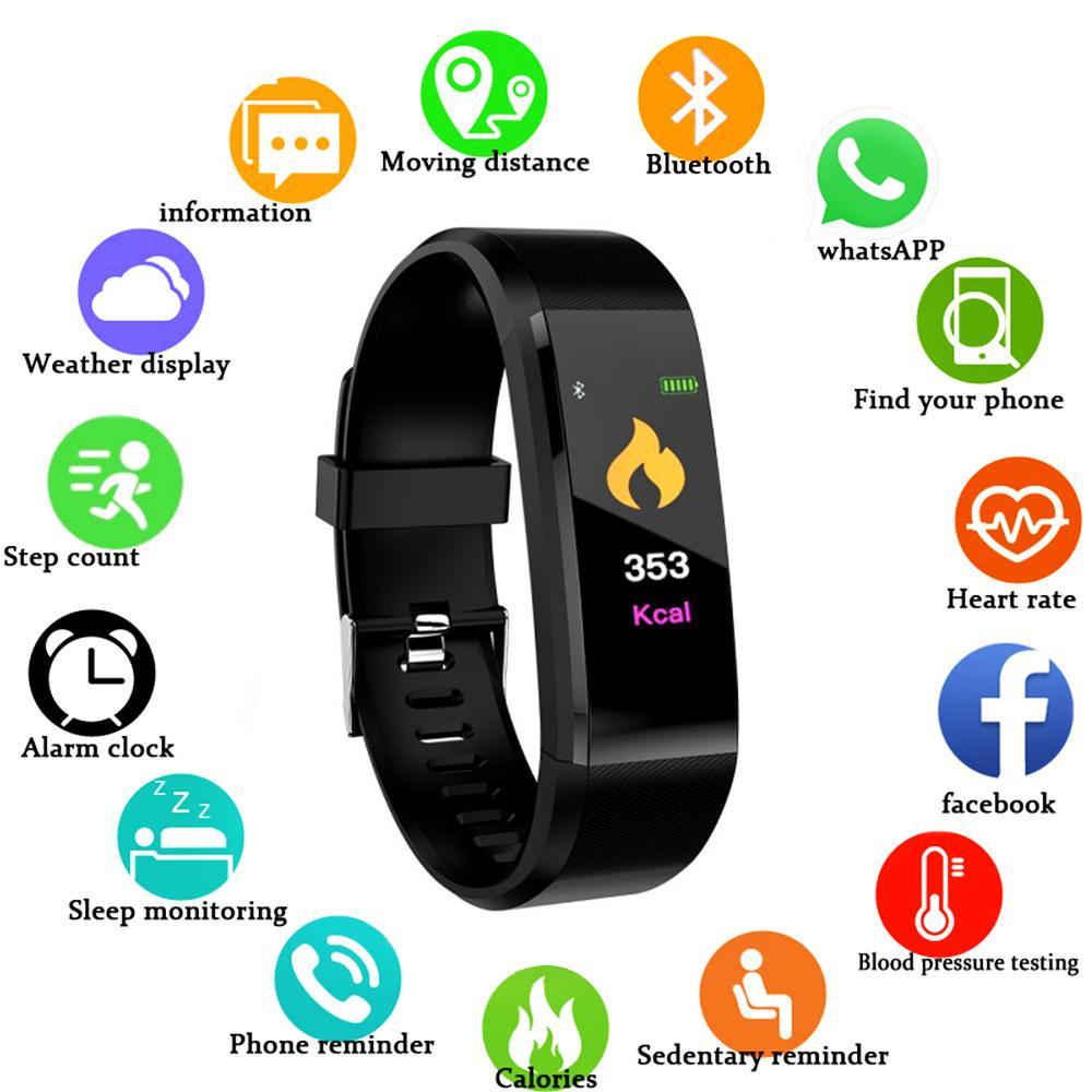 Minimalist unisex fitness smartwatch in black, blue, and turquoise showing heart rate monitor interface