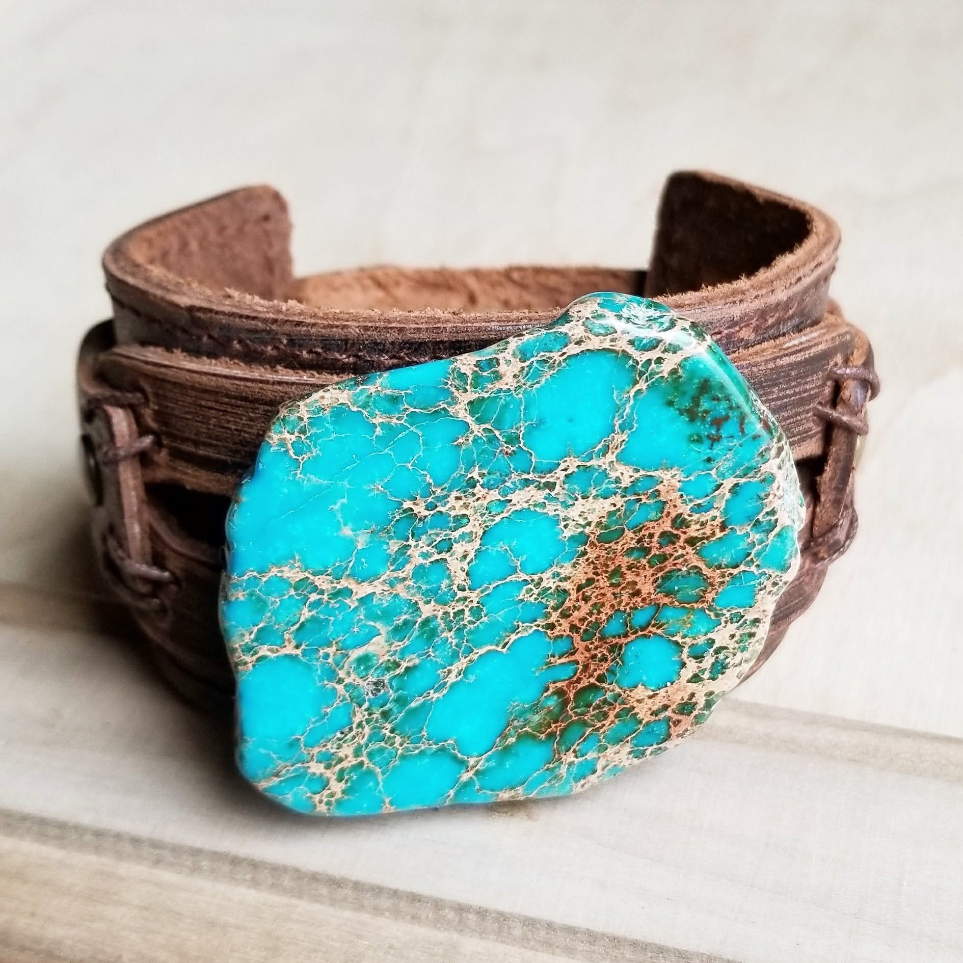 Genuine Leather Wide Cuff Bracelet w/ Regalite Slab 006y