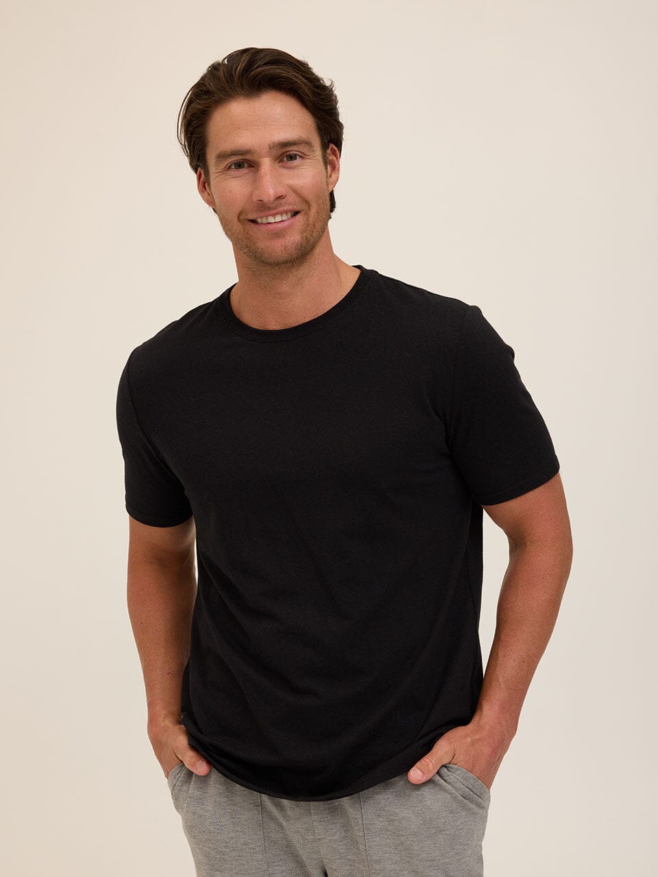 Close up of Men's Core Triblend Jersey Crew Neck Tee in black and charcoal-grey