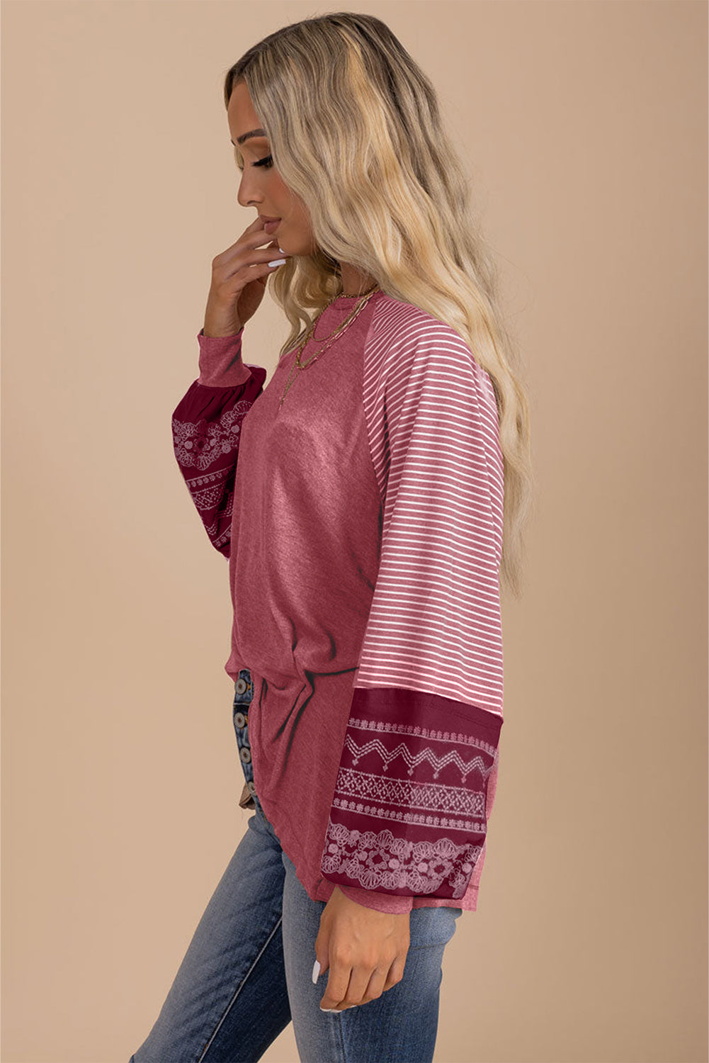 Tillandsia Purple Contrast Print Striped Raglan Long Sleeve Loose Top