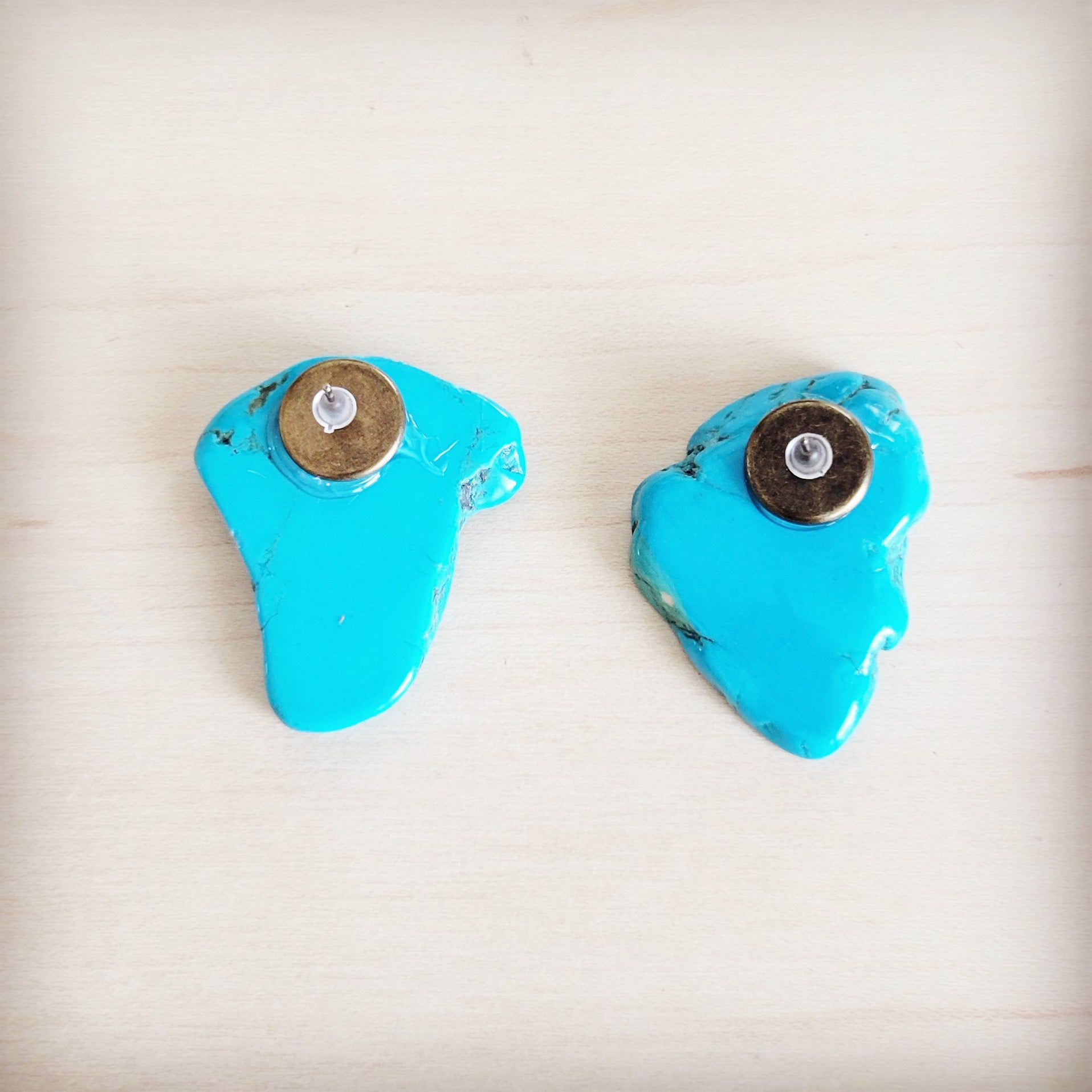 Blue Turquoise Slab Stud Earrings Handcrafted Boho Jewelry - Image 2
