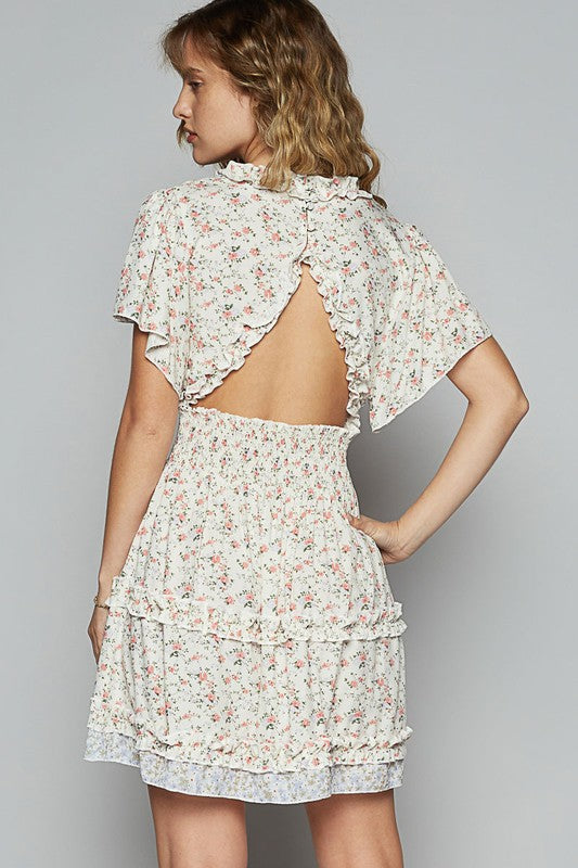 Floral V-Neck Flutter Sleeve Mini Dress with Cutout Back Detail