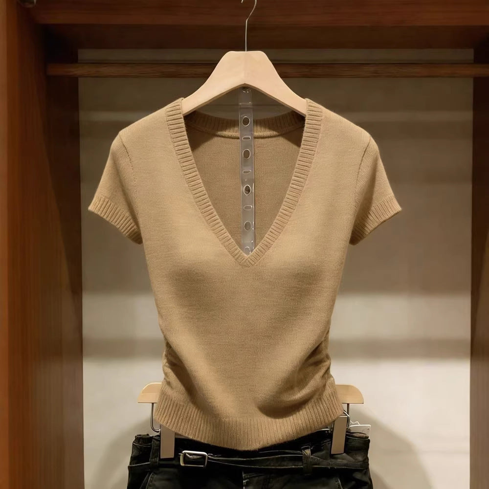 Solid Color Ice Silk Knit Top Short Sleeve Commuter Shirt